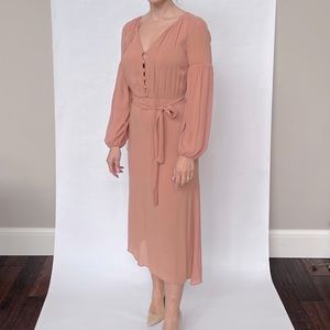 Reformation Nude Peach MIDI Long Sleeve Chiffon Dress. Size 0. Elastic waist